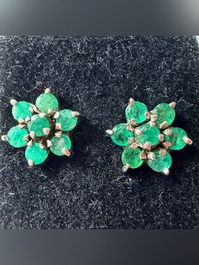 Vintage Southwestern Sterling Silver Cluster Earrings - Green Emerald Stones